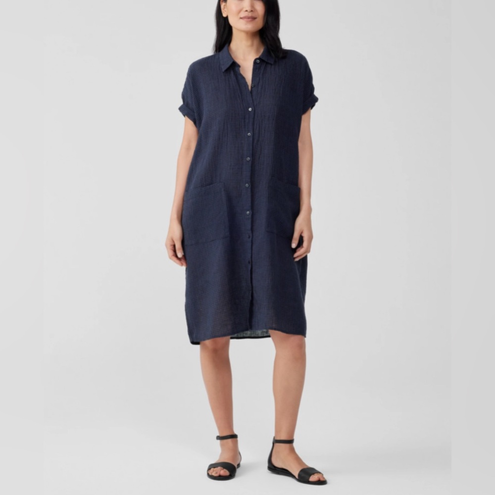Eileen Fisher Navy Button-Up Shirt Dress - Picture 2 of 6
